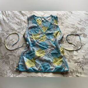 Y2K Old Navy Blue Linen Floral Tie Back Babydoll Top Medium Cottagecore Boho